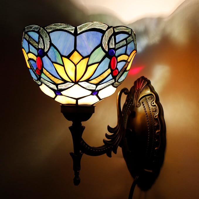 Tiffany Wall Sconce Lamp Blue Stained Glass Flower Style 8X10.5X11 Inch Plug in Wall Bedside Light for Hallway Bedroom (Blue Lotus Style)