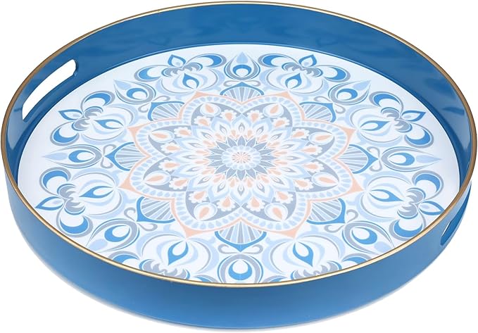 Round Blue Decorative Tray for Coffee Table, Ottoman, 13” Plastic Serving Platter Tray with Handles for Entertaining, Living Room