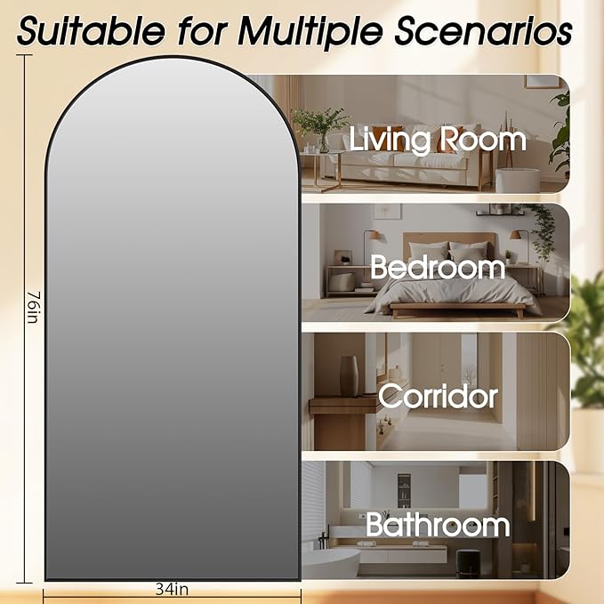 SUNQUEEN 76"x34" Floor Mirror Full Length, Arched Full Length Mirror with Stand, Full Body Mirrors for Bedroom Living Room or Cloakroom Black