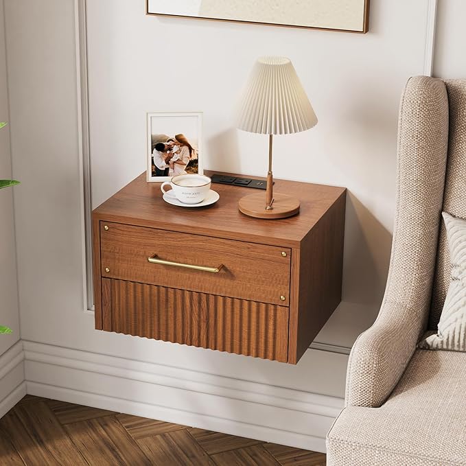 Floating Nightstand Set of 2 with Charging Station, Mid Century Modern Wood Wall Mounted Bedside Table with Storage Drawers & Fluted End Table for Bedroom, Home Small Space, Cherry, 2 PCS