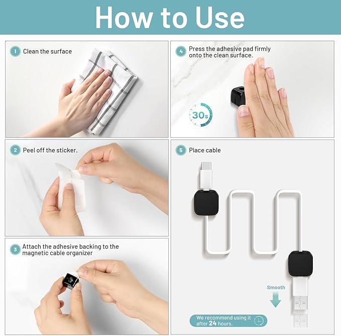 6 Pack Magnetic Cord Organizer, Znben Magnetic Cable Clips Holder Adhesive Cable Management Charger Wire Holder Clips for Desk, Car, Office, Home, Cubicle, Nightstand - Black