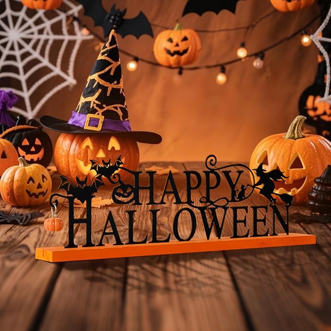 Metal Holiday Table Sign Decor, Decorations Tabletop Centerpiece for Home, Office, Shelf, Tiered Tray, Mantel, Indoor, Merry Christmas, Happy Halloween