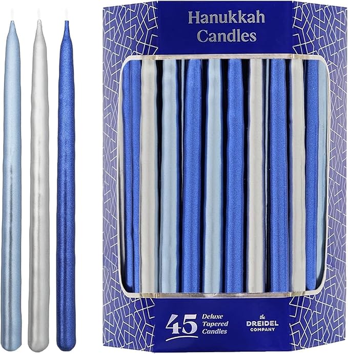 The Dreidel Company 45 Metallic Hanukkah Candles Frosted Premium Tapered Hand Decorated Chanuka Candles (Metallic Blue & Silver) (2-Pack)