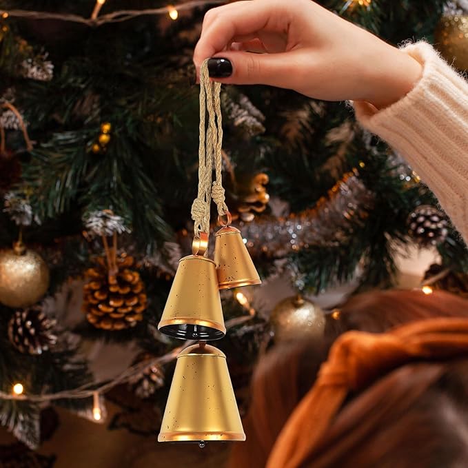Styleonme Vintage Handmade Lucky Christmas Bells - 3-Piece Set of Harmonious Metal Indoor & Outdoor Blessing Bells Hanging on a Rope