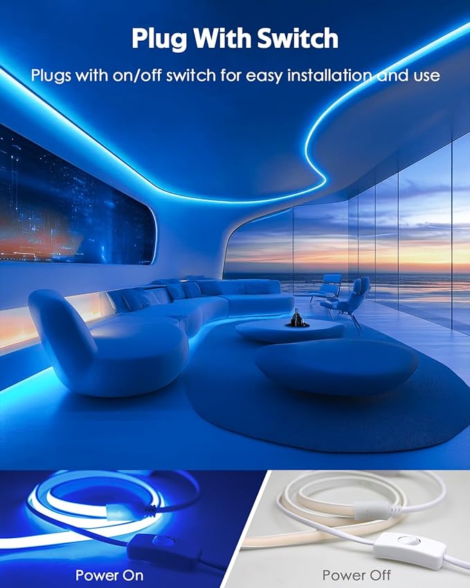 Blue COB LED Strip Lights Outdoor Waterproof 120V 65.6FT COB LED Rope Lights Indoor Super Bright Flexible LED Tape Lights with Switch Plug in 288Leds/M for Indoor Exquisite Wall Decor 20M