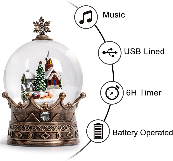 Christmas Village Snow Globe, Lighted Village Church and Santa Musical Crown Water Lantern in Swirling Glitter, Christmas Home Decoration and Gift, Battery Operated or USB Powered
