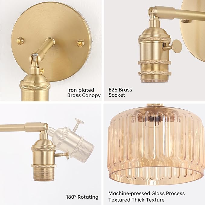 Vintage Battery Operated Wall Sconce with Amber Striped Glass Lampshade 5000 mAh Rechargeable Battery Powered Wall Light with Remote Control for Bedside Bedroom Doorway