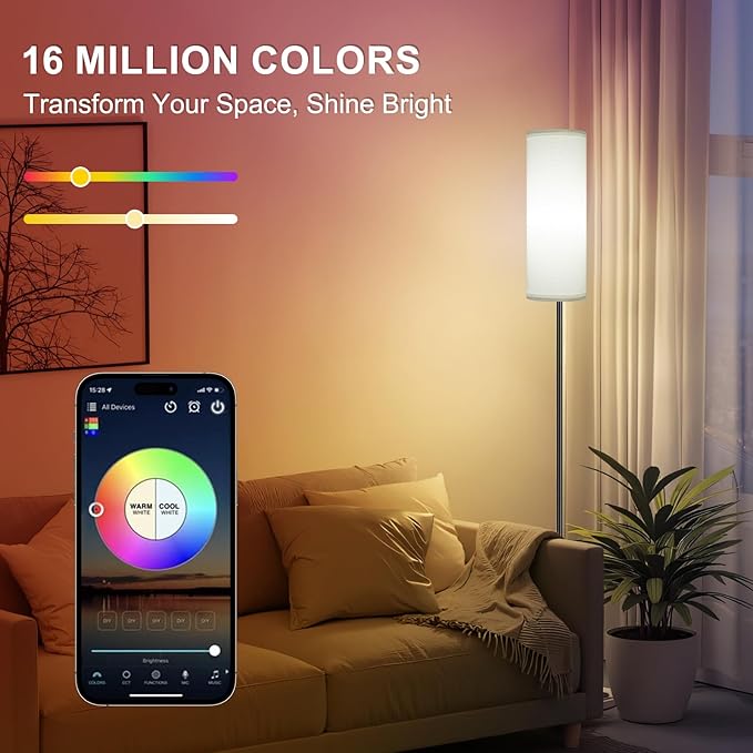FRIDEKO HOME 2 Pack Floor Lamps for Living Room, Dimmable Colors Temperature & Brightness, Modern Floor Lamp with Remote, Tall Standing Lamps for Living Room Bedroom Office, White Shade 9W RGB Bulb