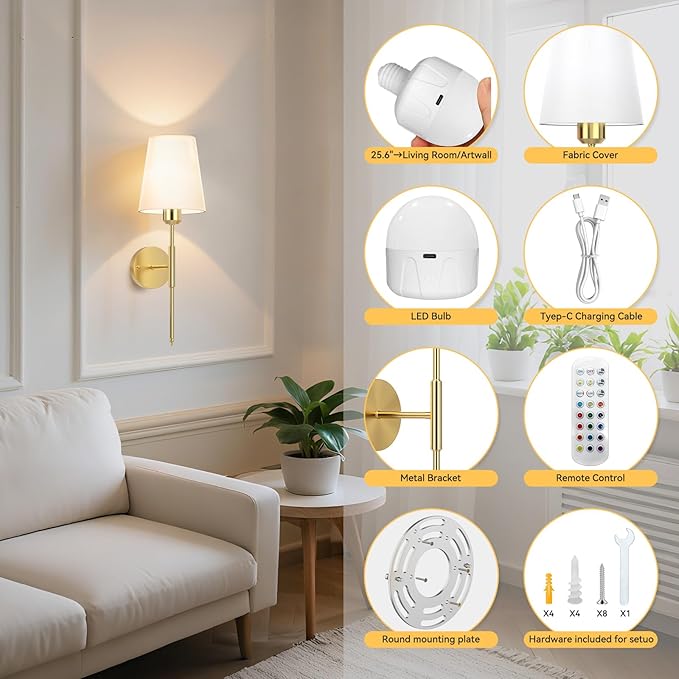 20 inch Battery Operated Wall Sconces Set of 2, Wireless Wall Lights with Rechargeable Bulbs & Remote, 15 Colors & Dimmable, Battery Powered Wall Lights for Bedroom, Living Room, Hallway, Gold