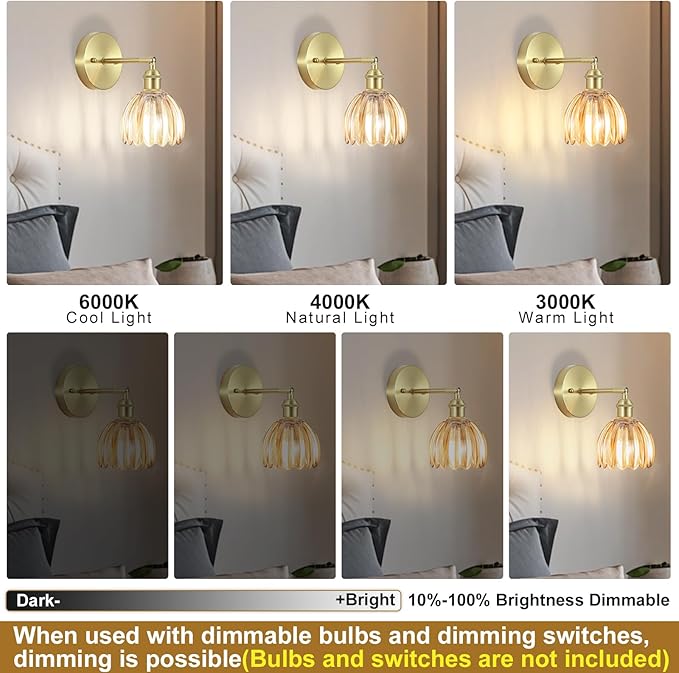 Vintage Wall Sconces Set of Two,Hardwired Wall Lights with Amber Tulip Glass Lampshade,Gold Wall Lamps for Bedroom Bedside Stairway Bathroom Living Room(Bulbs Not Included)