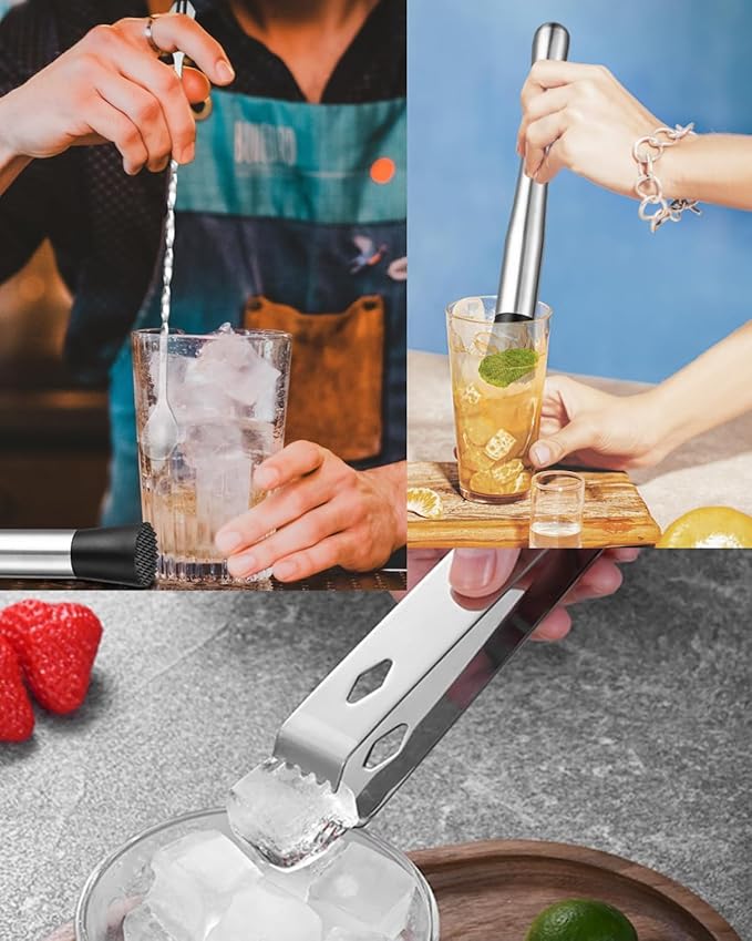 Muddler for Cocktails, Bar Tool Kit with Muddler,3 Long Handle Bar Cocktail Mixing Spoon and 1 Tong Food Ice Sugar Tong Stainless Steel Stirrer, Bar Accessories Tools for Mojitos Fruit Drinks