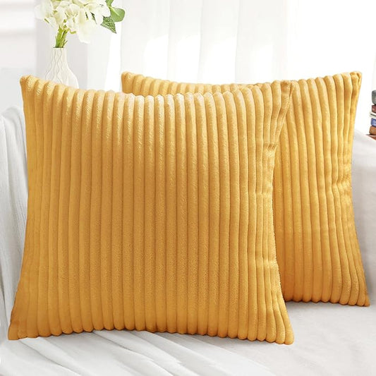 Simmore Decorative Fall Throw Pillow Covers 18x18 Set of 2, Soft Natural Plush Flannel Double-Sided Fluffy Couch Pillow Covers for Sofa Living Room, Mustard Yellow