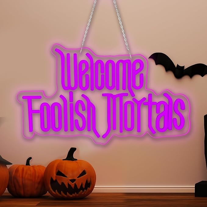 Halloween Welcome Foolish Mortals Neon Sign, Dimmable Gothic Haunted Coffin Halloween Decoration, USB Powered Neon Light, Wall Decor for Home, Bar & Party (Comes with Hooks, Nails and Adhesive Hooks)