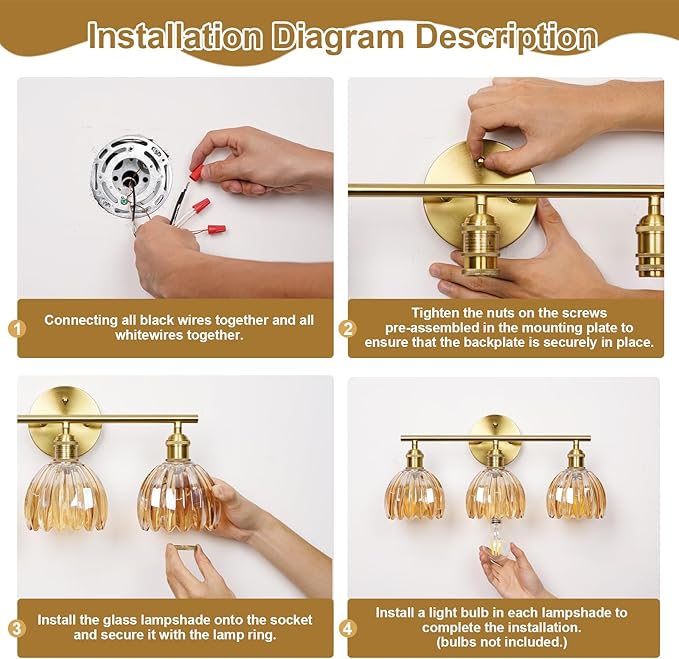 Vintage Bathroom Light Fixtures,3-Light Hardwired Vanity Lights Over Mirror,Gold Wall Sconces with Amber Tulip Glass Shade for Bathroom Living Room,E26 Socket(Bulbs Not Included)