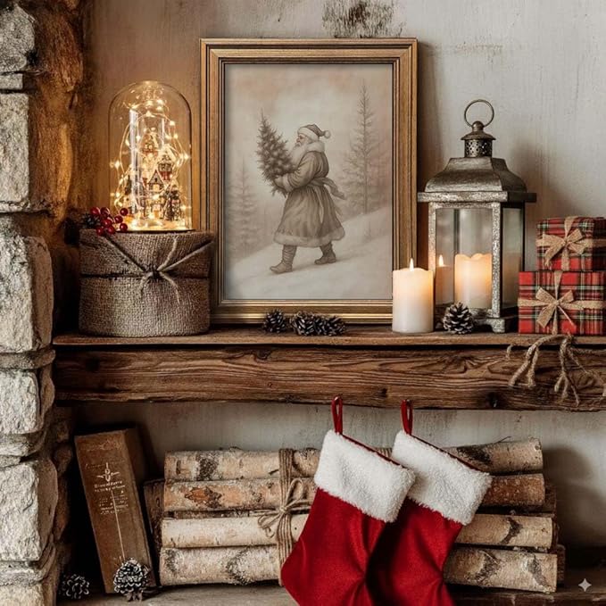 Vintage Christmas Decor Farmhouse Wall Art Gold Framed Rustic Winter Landscape Santa Pictures Painting for Home Living Room Decor (Santa, 20L" x 16W")