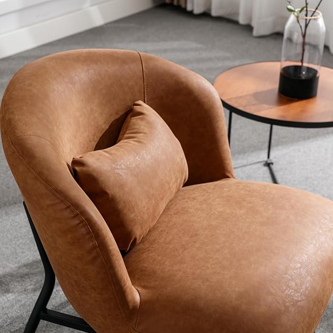 Modern Accent Chair, Upholstered PU Leather Side Chair Guest Chair with Small Pillow Black Metal Legs, Comfy Lounge Chair for Living Room Bedroom, Brown