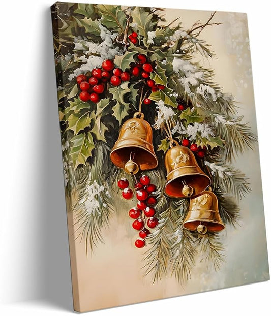 Framed Winter Jingle Bells Christmas Wall Art Christmas Canvas Prints Posters Holiday Decor Brass Bells Art Holly Neutral Art Winter Country Room Living Room Decor 16x24"framed