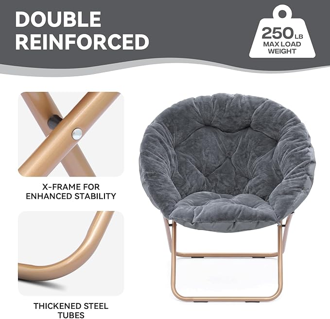 Magshion Saucer Chair for Adults, Comfy Living Room Lounge Chair for Bedroom Corner, Dorm, Apartment, Faux Fur Fluffy Circle Accent Seat with Thick Padded & Folding Metal Frame (Grey, Set of 2)