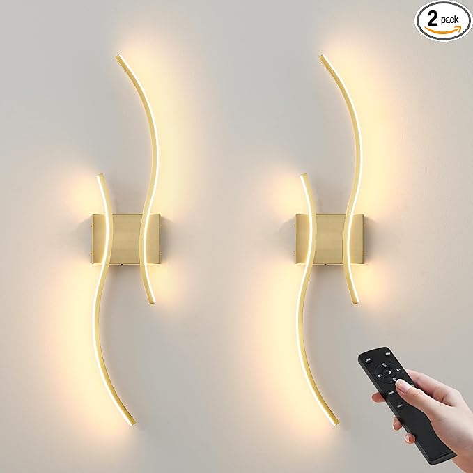 Battery Operated Wall Sconces Set of Two with Remote Control, Stepless Colors 3000K-6000K & Dimming, LED Brass Wireless Wall Light for Living Room, Hallway, Bedroom, 27.5 Inch (2 Pack)