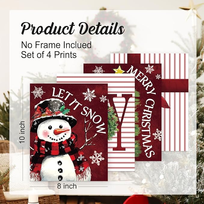 Wheatwin Christmas Wall Decor - Snowman Tree Art Prints Set of 4, Indoor Decorations for Bedroom, Red Bow, 8x10 (Unframed)