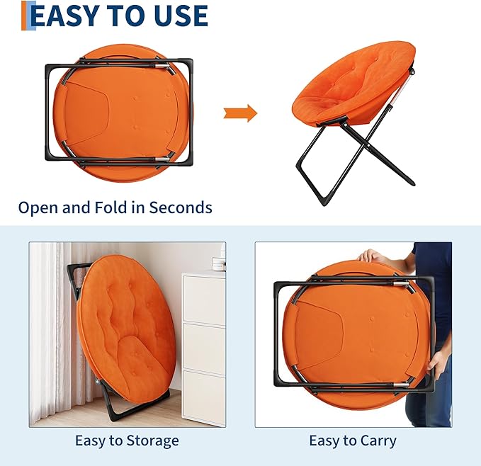 Saucer Chair, Oversized Faux Fur Lounge Chair with Gold Metal Frame for Adults, Foldable Comfy Seat for Bedroom, Dorm & Living Room, (Orange)