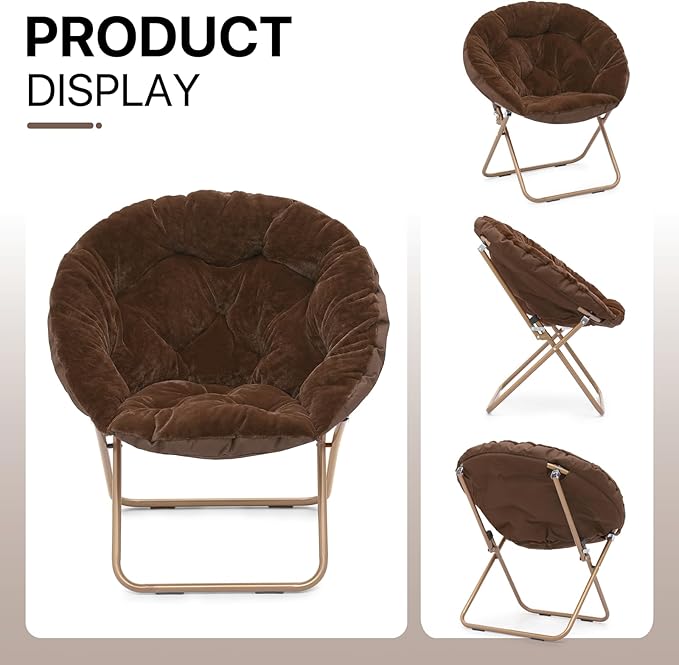 Athena Collection Comfy Saucer Chair Folding Cozy Chair for Bed Room Living Room Accent Chair Faux Fur Reading Chair Foldable Metal Frame Lazy Chair Moon Chair for Adult Set of 2, Brown