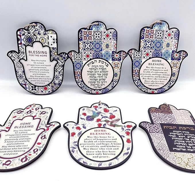 ArancioneandQ (English Blessing) 7.1 Inch Hamsa Good Luck Home Blessing Red Pomegranates and birds Protection Amulet Hand Wall Hanging Decor Evil Eye Protection gifts for home