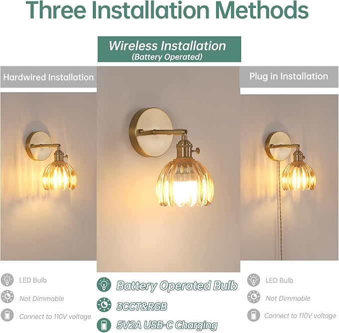 Vintage Battery Operated Wall Sconce with Cute Amber Tulip Glass Lampshade Wireless Rechargeable Battery Powered Wall Light with Remote Control for Bedside Bedroom Doorway, Set of 2