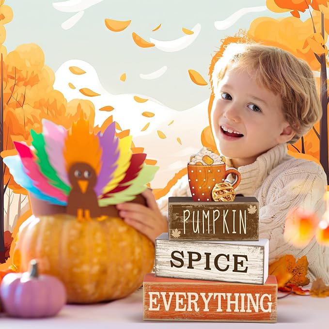 4 Pcs Fall Tabletop Decor Fall Cup Decoration Autumn Tiered Tray Decor Rustic Wooden Cup Block Sign Gift Thanksgiving Centerpiece Farmhouse Autumn Decoration for Harvest Party Kitchen Home