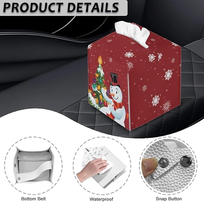 Christmas Tree Tissue Box Holder Square Snowman Print Tissue Holder Organizer Modern Napkin Cover for Bedroom Dresser Night Stand Office Desk PU Leather Decor