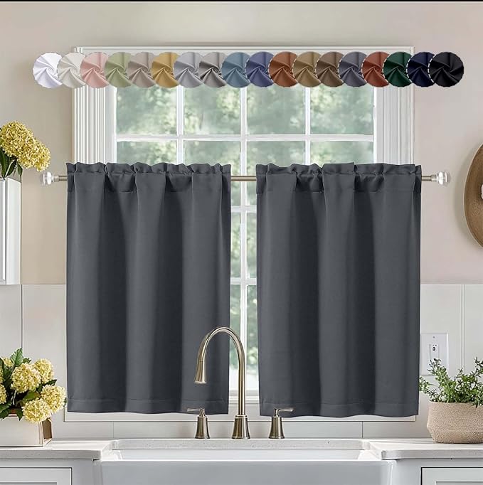 Aiyufeng Grey Short 36 Inches Blackout Curtain 2 Panels Set, Half Window Rod Pocket Privacy Tiers for Kitchen, Curtains Blackout for Bathroom Shades, W40 x L36 Inch, Grey
