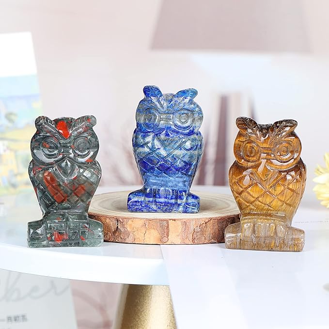 2" Yellow Tiger Eye Crystal Owl Figurine Gem Stone Owls Statue Animals Carving Owl Gifts for Home Office Decor
