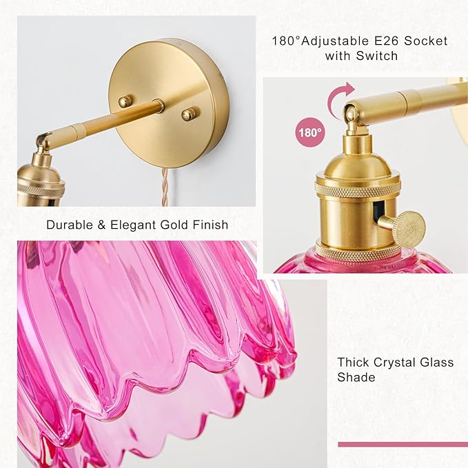 Plug in Wall Sconce, Vintage Sconce Light with Tulip Ruby Red Glass Lampshade, 180° Adjustable Wall Sconce with Switch and Plug in Wall Lamp Cord, Gold Wall Light for Bedroom Bedside