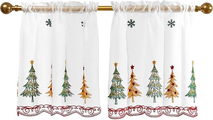 Deconovo Christmas Kitchen Tier Curtains, Embroidered Cafe Tiers, Semi Sheer Window Treatment with Rod Pocket, Light Filtering for Small Windows, Door & Sink Areas, 28W x 24L, Tree, 2 Panels