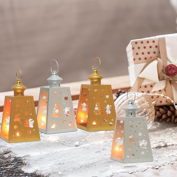 DECORKEY Christmas Decorations Outdoor&Indoor,4PCS Vintage Decorative Candle Lanterns for Home Centerpiece Table Decor Gift (2 Golden + 2 Silver, No Glass)