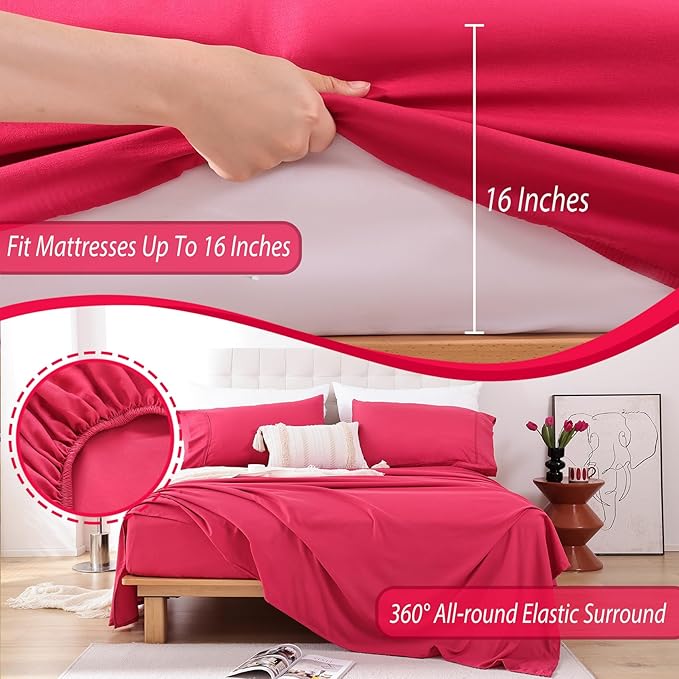 Whitney Home Textile King Size Sheets Set, Soft Microfiber Hotel Bed Sheets King Size, Extra Deep Pocket, Luxury Breathable Bedding Sheet & Pillowcase Sets, 4 Piece Wrinkle Free Oeko-Tex, Magenta