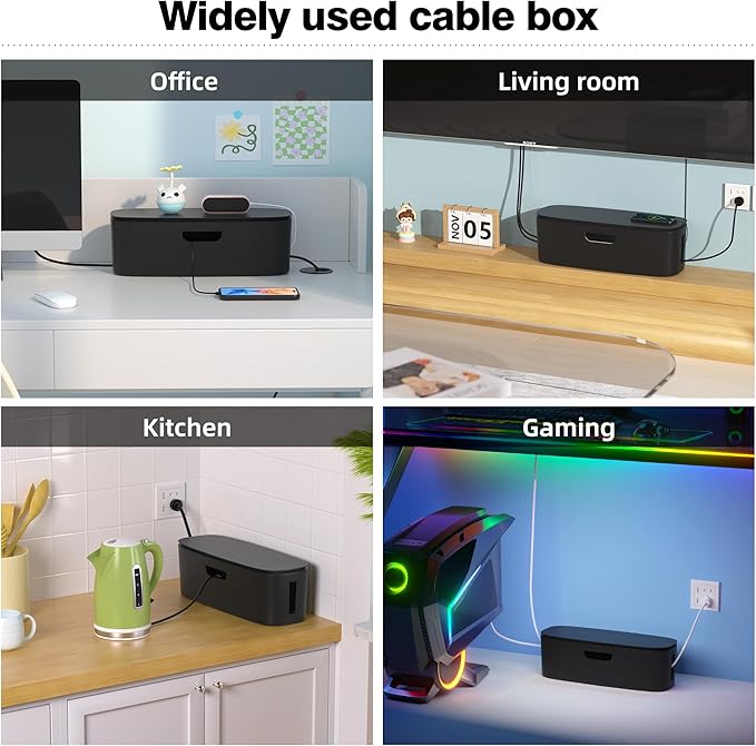 Cable Management Box - Large Cord Organizer Box to Hide Power Strip & Under Desk, TV Computer Wires Cable Organizer Box with Baby Proofs, Desk Cord Organizer for Home/Office - Black