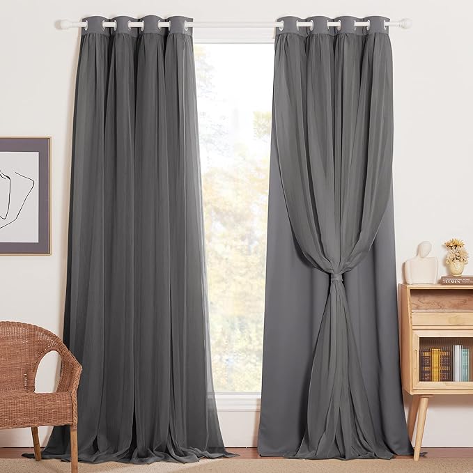 NICETOWN 84 inches Long Grommet Top Mix and Match Curtain Set, Crushed Sheer & Thermal Insulated Blackout Drapes with Tiebacks for Living Room, 52 Wide, Grey, 2 Layers Per Panel, Sold as 2 Panels