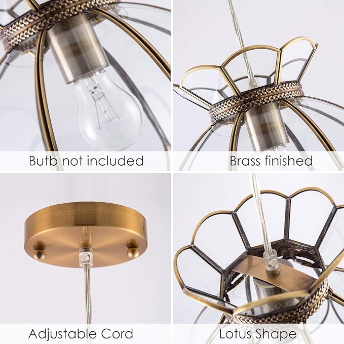 12" Vintage Brass Pendant Light Fixture, Flower Hanging Lamp for Kitchen Island, Glass Lotus Flower Ceiling Pendant Lighting for Entryway, Dining Room, Bedroom, Living Room, Clear, Large