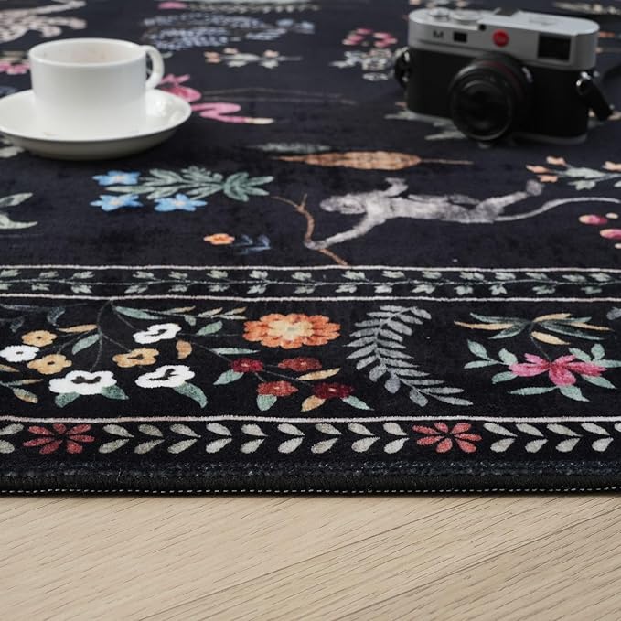 Rugcomf Runners for Kitchen Runner Rug Non Slip 2'x10' Long Washable Rugs with Rubber Backing Soft Floral Animal Carpet Runner for Kitchen, Laundry, Bedroom, Bathroom (Black)