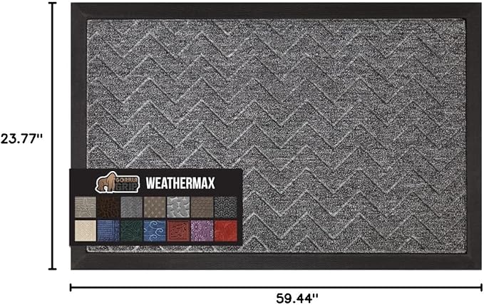 GORILLA GRIP 100% Waterproof All-Season WeatherMax Doormat, 60x24, US Designed Natural Rubber, Stain and Fade Resistant, Low Profile Indoor Outdoor Door Mats, Easy Clean Patio Mat, Steel Chevron