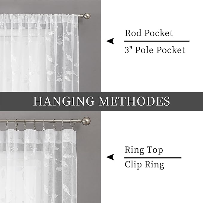 Tollpiz White Leaf Sheer Curtains Leaves Embroidered Living Room Curtain Rod Pocket Voile Window Treatments for Bedroom, 54 x 63 inches Long, Set of 2 Panels