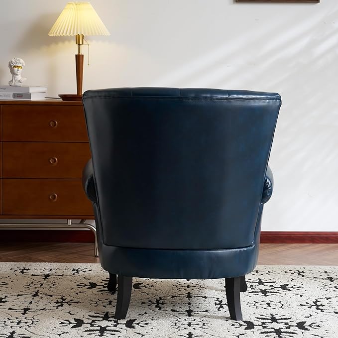 Modern Faux Leather Accent Chair, Upholstered Mid-Century Armchair with Solid Wood Legs, Single Sofa Chair for Living Room, Bedroom, or Reading Room(Navy)