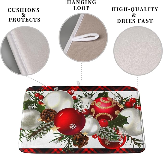 Christmas Red Buffalo Plaid Dish Drying Mat for Kitchen Counter 16x18 Inch Winter Xmas Ball Snowflake Pine Cones Dishes Drying Mat Microfibe Super Absorbent Dish Rack Pad for Coffee Bar Sinks