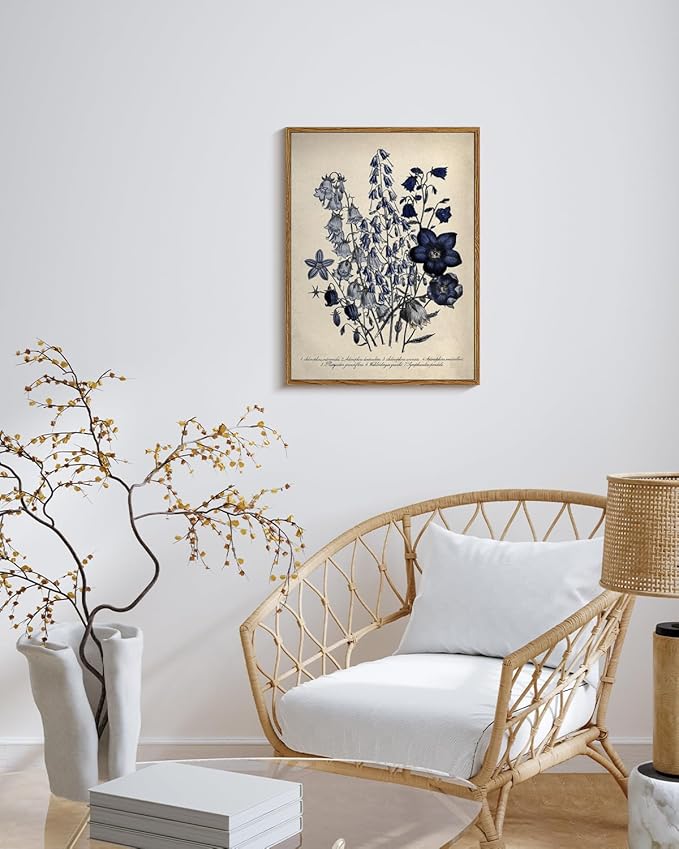 VIYYIEA Vintage Framed Botanical Wall Art Decor, Living Room Bedroom Blue Campanula Pictures Retro Wall Decor, Framed Canvas Prints Artwork, Farmhouse Flower Paintings,12x16 Inch