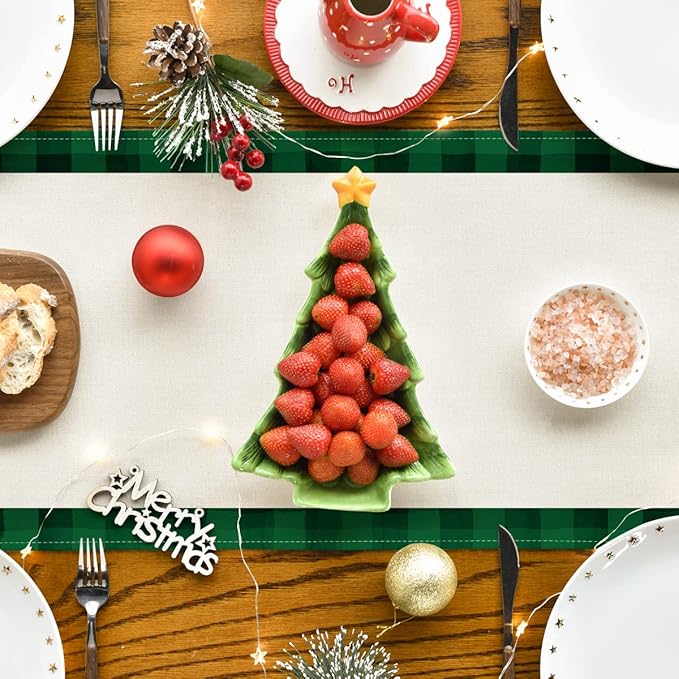 Artoid Mode Watercolor Green and Black Buffalo Plaid Christmas Trees Merry Xmas Table Runner, Seasonal Winter Holiday Kitchen Dining Table Decoration for Indoor Outdoor Home Party Decor 13 x 72 Inch
