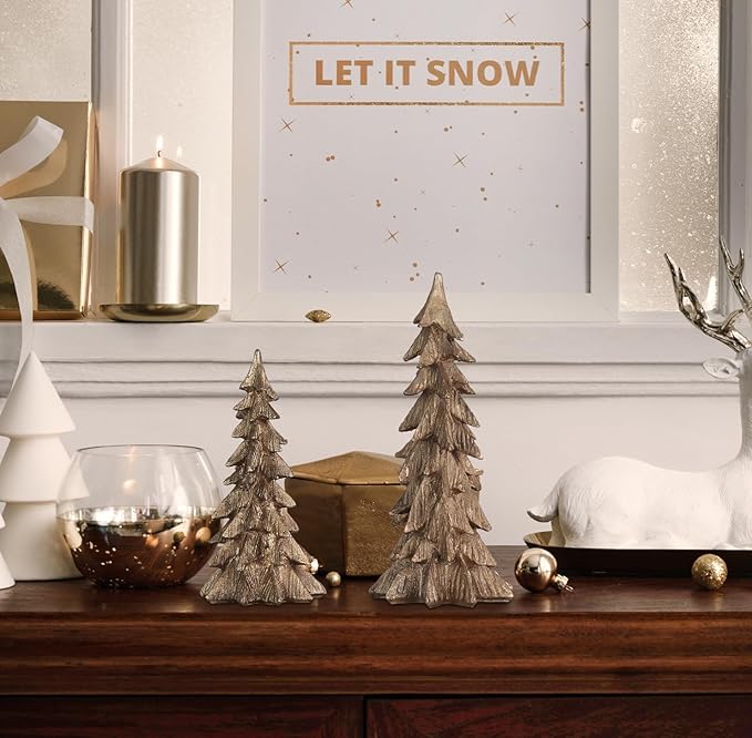MEETYAMOR Christmas Decorations Indoor, Set of 2 Golden Resin Christmas Trees for Table Decor, Farmhouse Rustic Xmas Decorations Figurines for Home, Kitchen, Mantle, Shelf