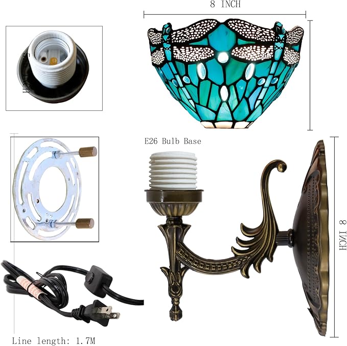Tiffany Wall Sconce Lamp Blue Stained Glass Flower Style 8X10.5X11 Inch Plug in Wall Bedside Light for Hallway Bedroom (Green Blue Dragonfly Style)