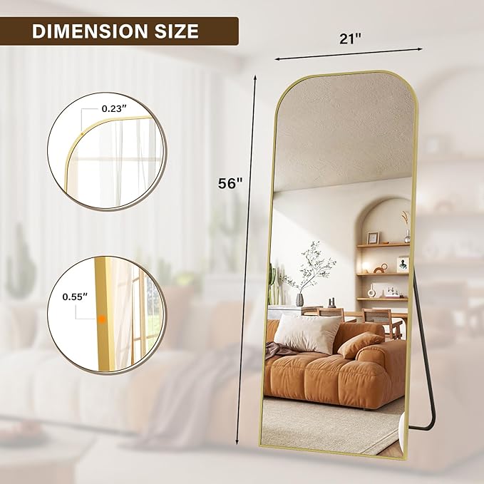 56x21 Inch Full Length Mirror - Large Floor Standing & Wall Mountable Full Body Mirror with Sturdy Aluminum Frame, Arched Top Design, Freestanding or Hanging for Bedroom, Living Room, Cloakroom,Gold