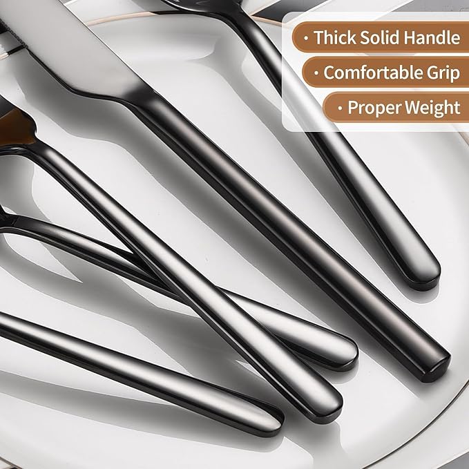 Black Silverware Set for 8, Heavy-Duty Stainless Steel Black Flatware Cutlery Set, Modern Round Handle Utensils, Dishwasher Safe for Home, Restaurant, Mirror Polished, 40-PCS